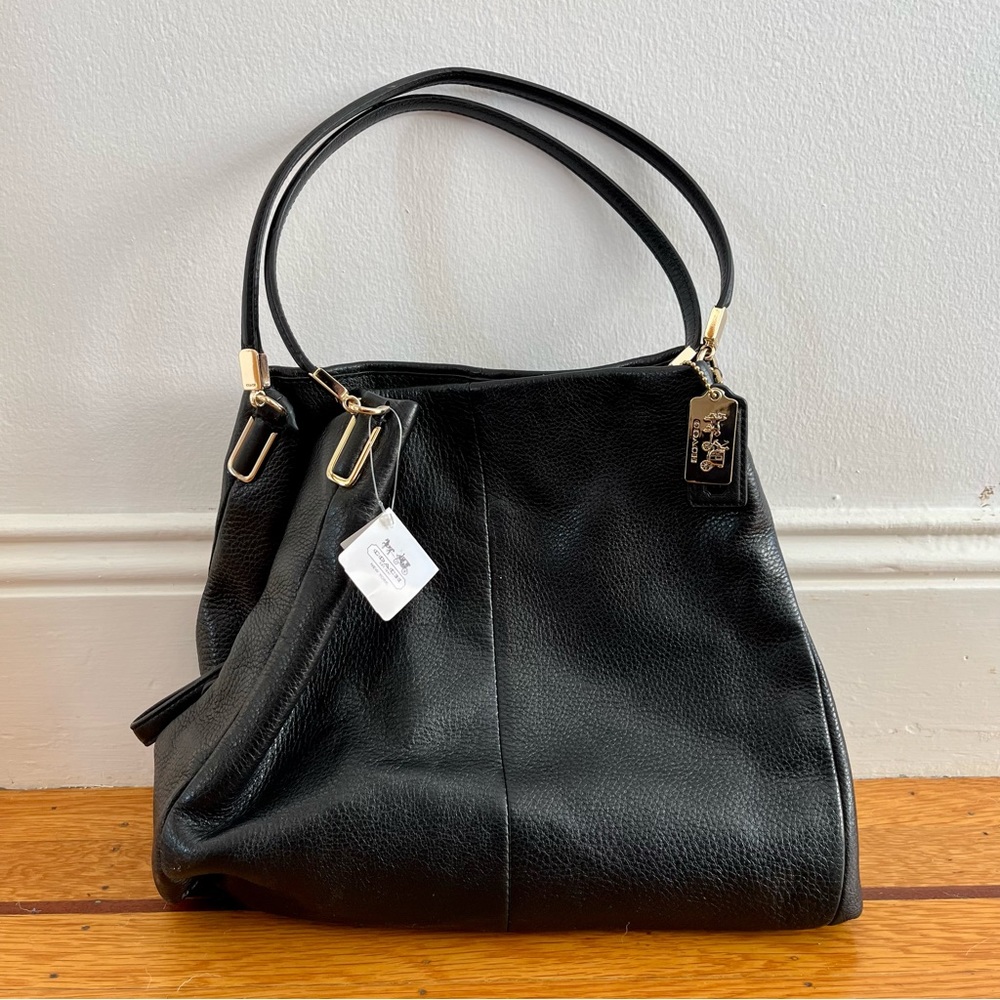 NWT Coach Madison Phoebe shoulder bag, black pebbled leather with gold hardware